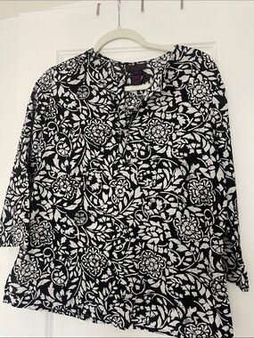 Ralph Lauren Black & White Floral-Pattern Tunic Top